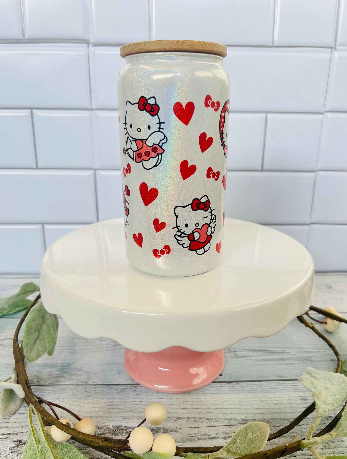 HK Kitty Valentine Shimmer Glitter 16oz Libbey Glass Can