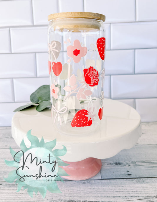 Strawberry Cherries Roses Coquette Bows UVDTF 16oz Libbey Glass Can with Optional Lid