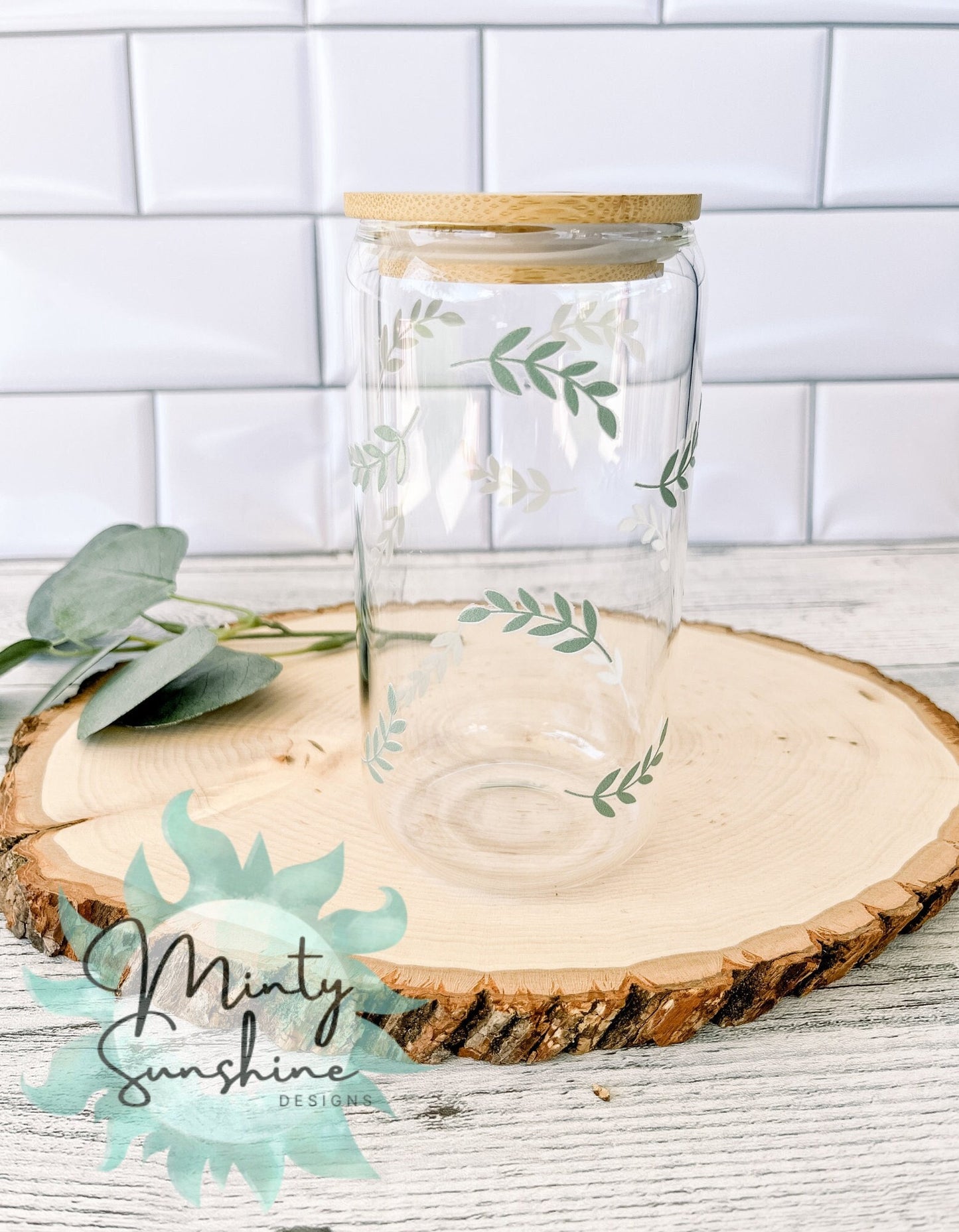 Greenery UVDTF Printed Libbey Glass Can with Bamboo Lid